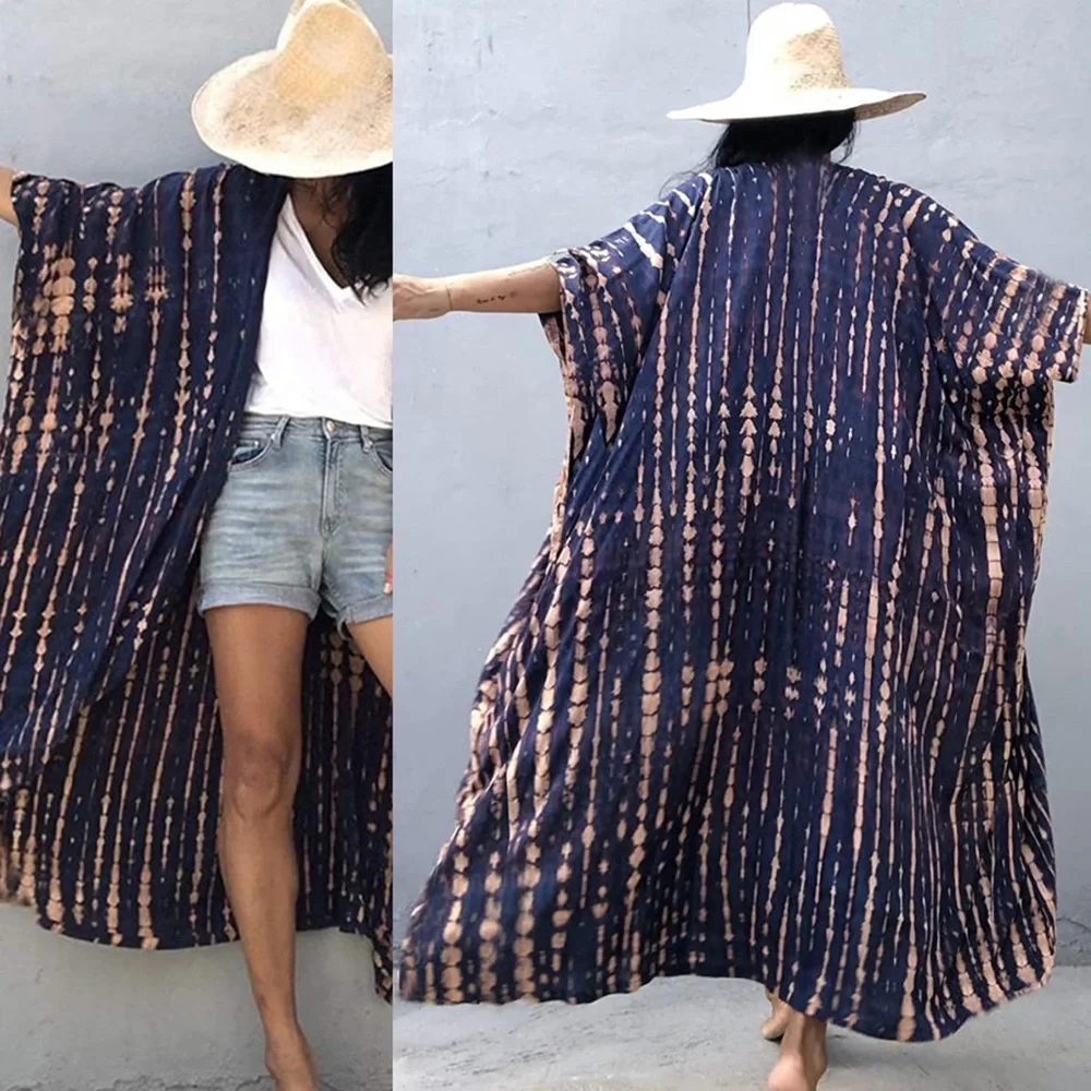 Blue & Peach Long Wrap Dress Kimono - Picture 7 of 11